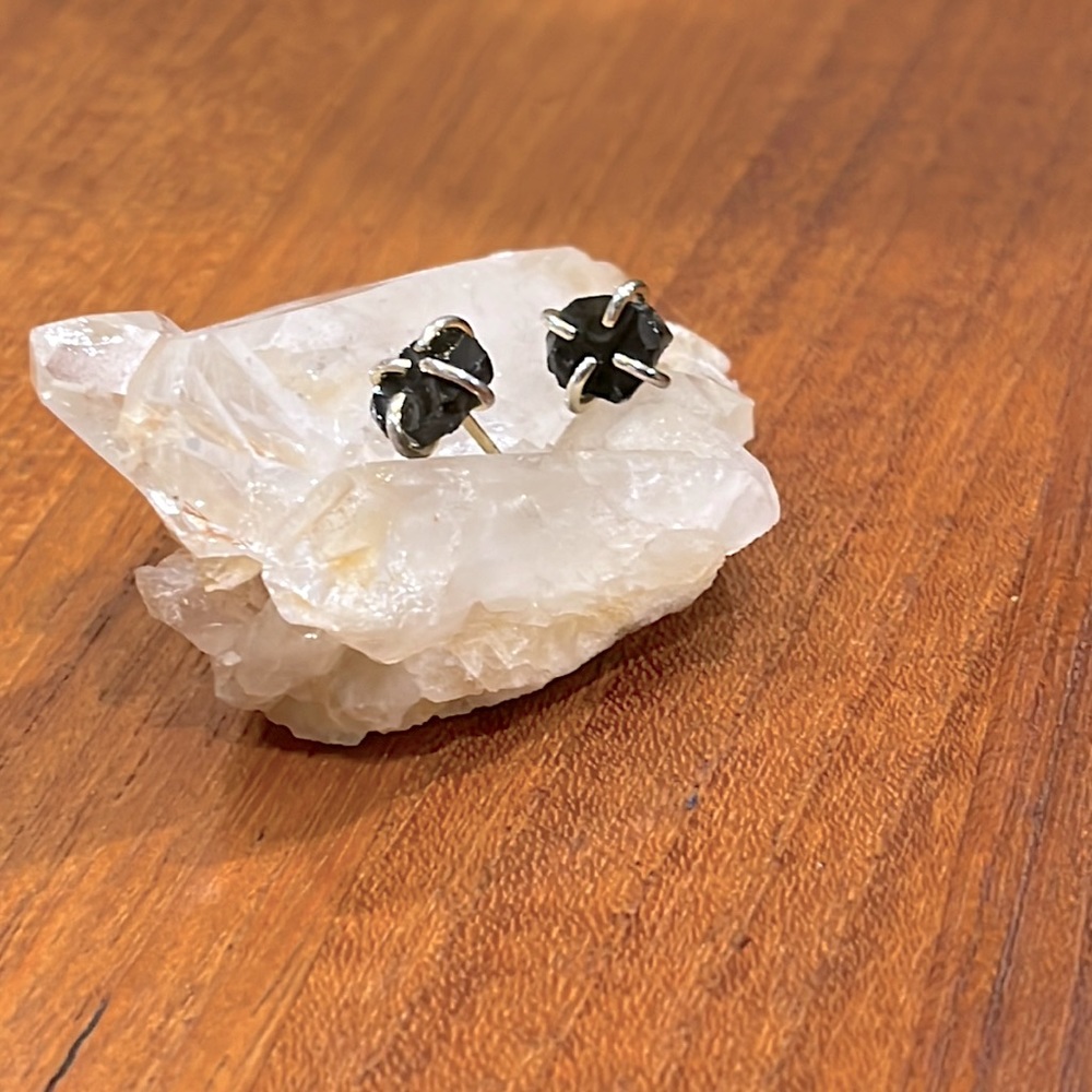 Gold-plated silver raw obsidian studs